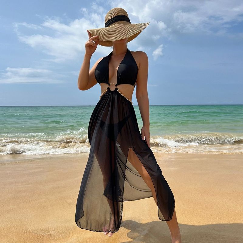 Damenbekleidung Einteiliger Badeanzug Aushöhlen Mesh Rückenfreier Bikini Modische Bademode Aushöhlen Design Reine Farbe Polyestergewebe_voghion.com