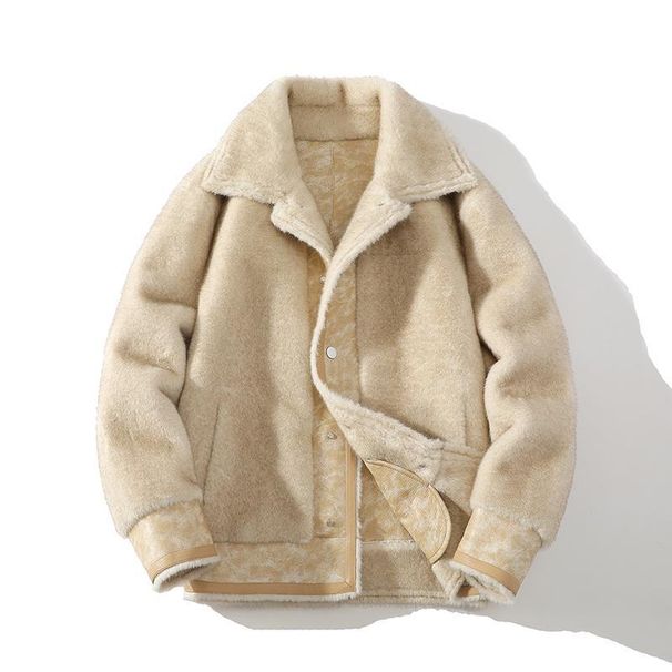 Men's Patchwork Faux Shearling Jacket, Oversized Single-Breasted Winter Coat With Notch Lapel, Windproof Polyester Blend Casual Outerwear_voghion.com