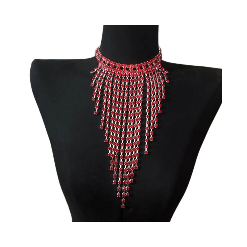 Collana con nappa di strass alla moda, collana versatile multistrato con clavicola, sexy e piena di diamanti rossi_voghion.com