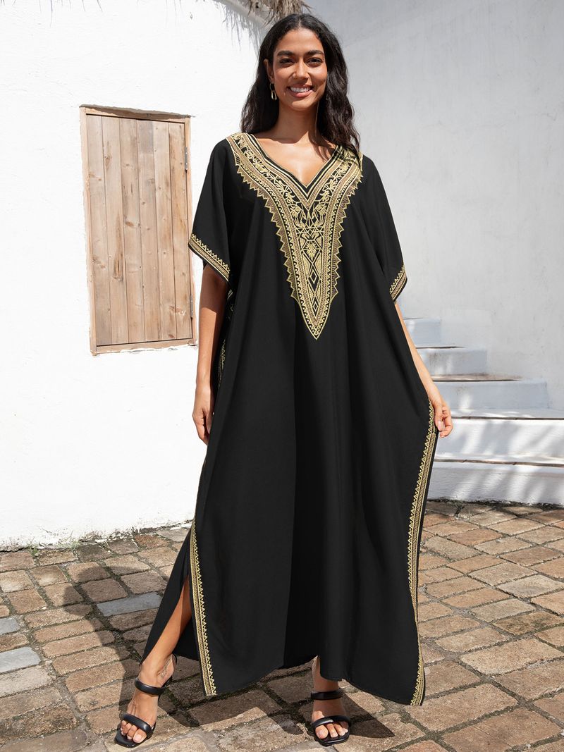 Robe de plage en coton brodée dorée pour femme_voghion.com