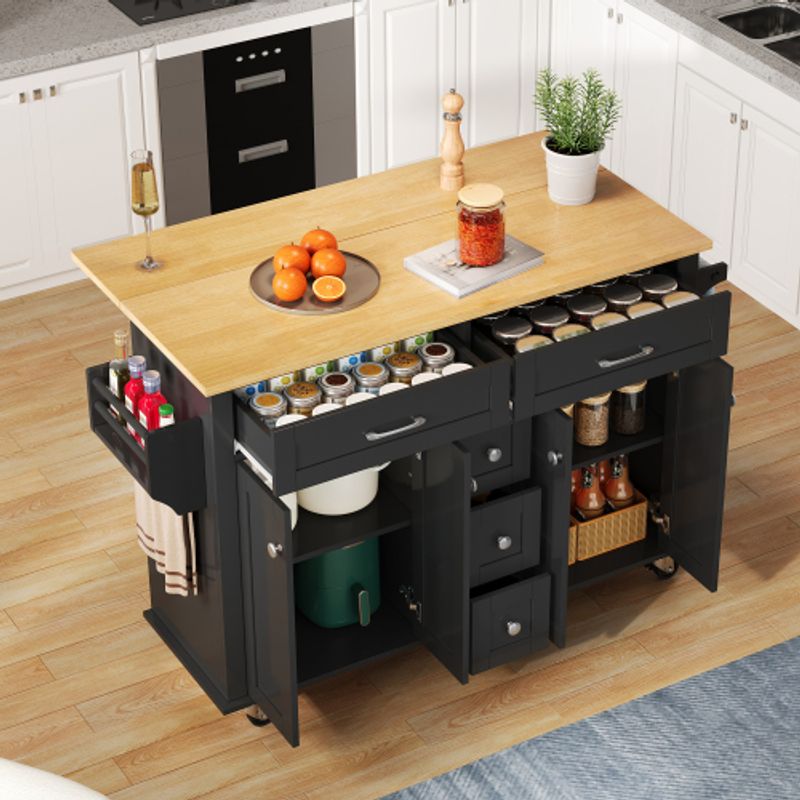 Multifunktionaler Küchenwagen Mit Ausklappbarer Arbeitsplatte, 120×65 Cm Erweiterbar, Mit 5 Schubladen, Schränken, Gewürz- & Handtuchhalter, Auf Rollen – Kücheninsel Für Küche, Esszimmer & Wohnzimmer_voghion.com