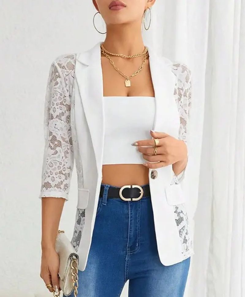 Vêtements pour femmes élégants, couleur unie, mode, dentelle, épissure, petite veste de costume, hauts_voghion.com