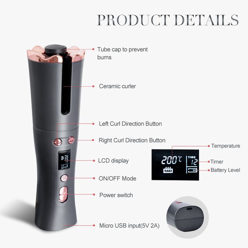 hordozható USB töltésű automata hajsütővas multifunkciós intelligens vezeték nélküli LCD lusta hajsütővas gyártó_voghion.com