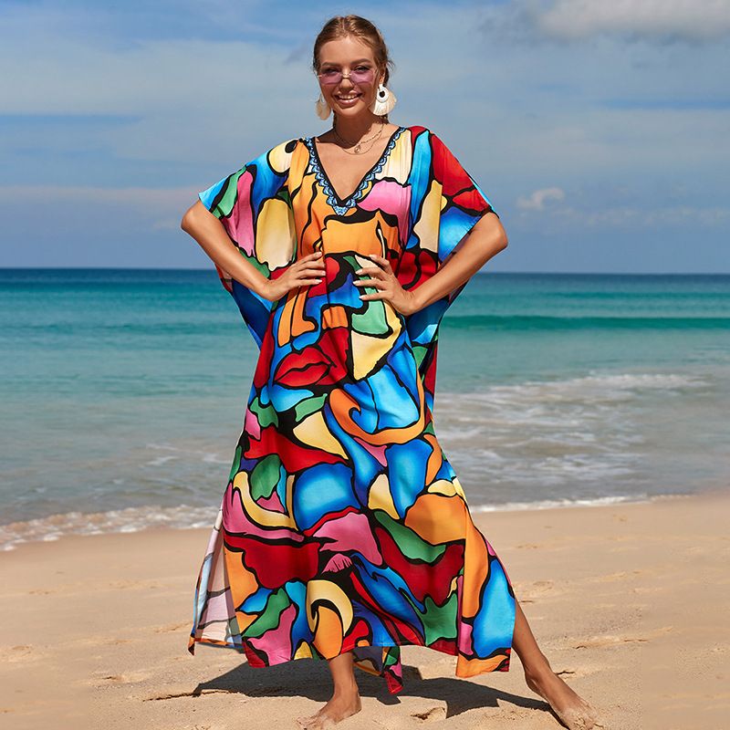 Women's 100% Cotton Beach Cover Up Dress - Boho Print Sun Shirt, Loose Fit Swimwear Cover Up, Vacation Long Sleeve Tunic For Pool_voghion.com