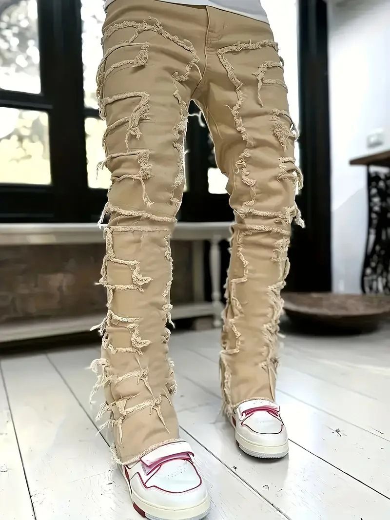 New Men's Street Fashion Ins Elastic Patch Denim Straight Leg Pants_voghion.com
