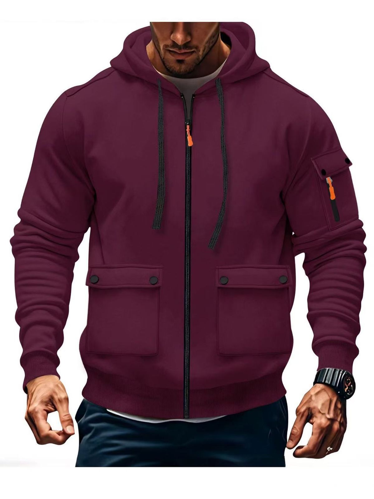 Autumn And Winter Men's Hooded Pocket Zipper Casual Plus Velvet Sweater Solid Color Jacket_voghion.com
