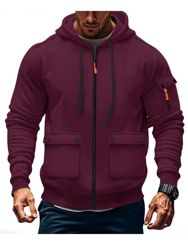 Autumn And Winter Men's Hooded Pocket Zipper Casual Plus Velvet Sweater Solid Color Jacket_voghion.com