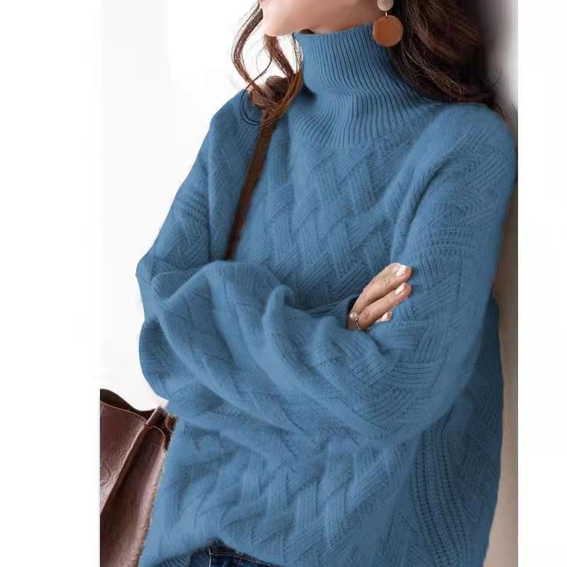 Damenbekleidung Rollkragenpullover mit Rippenmuster, warm, für Damen, Herbst und Winter, neues, verdicktes, lockeres Strickhemd im Lazy-Style_voghion.com