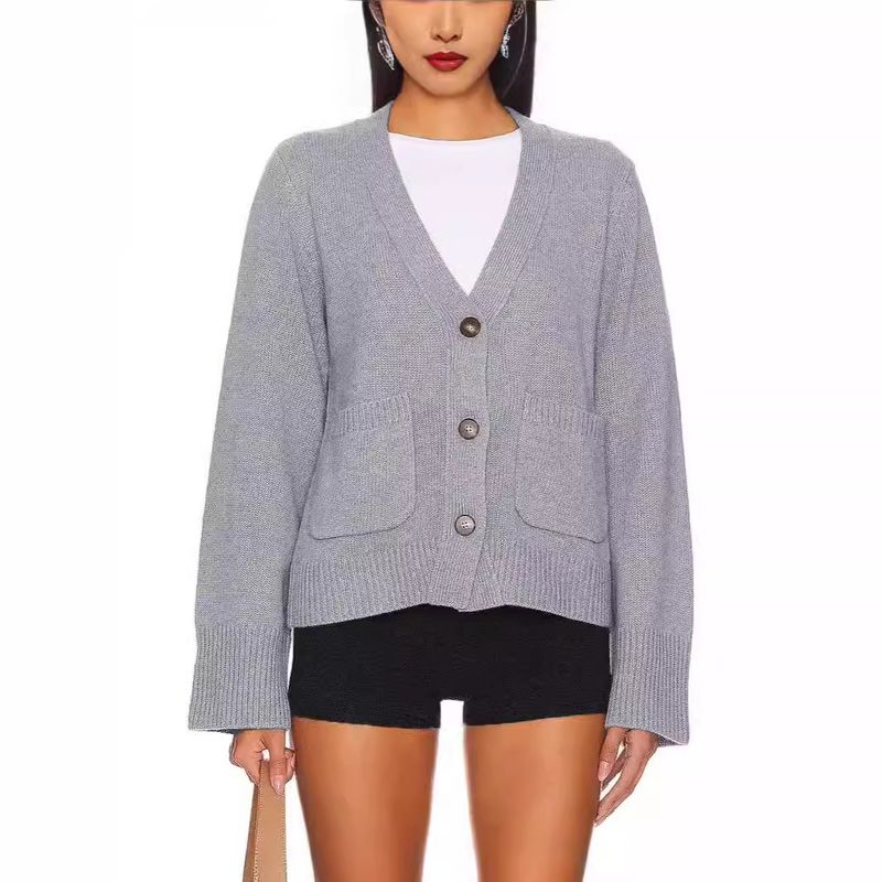 V-Ausschnitt-Jacke 2024 Herbst/Winter Neue einfarbig gestrickte Langarm-Strickjacke für Damen_voghion.com