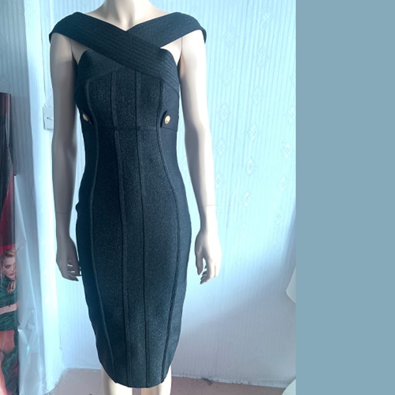 Women's clothing sleeveless sexy dress one shoulder gold and silver trim mid skirt banquet evening bandage dress_voghion.com