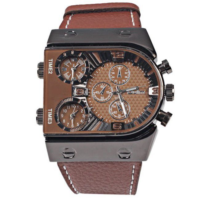 Men's Stylish Casual & Business Watch With Triple Time Zone Display, Large Oval Dial, Genuine Leather Strap, Alloy Case Three Time Large Dial Watch_voghion.com
