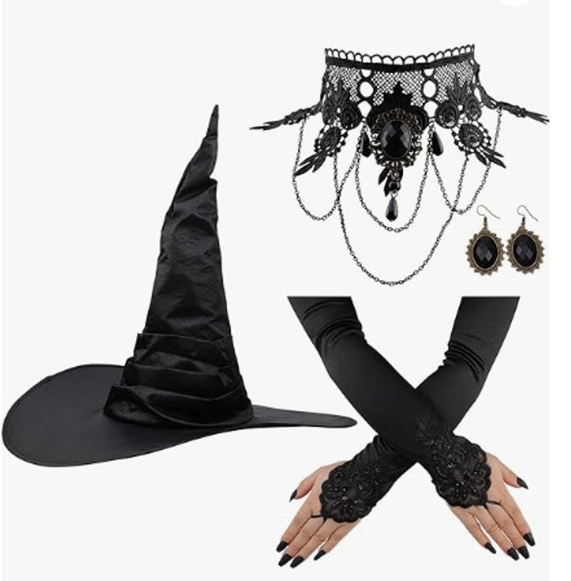 Halloween ruffled witch hat set black lace satin gloves gothic necklace with rhinestone earrings_voghion.com