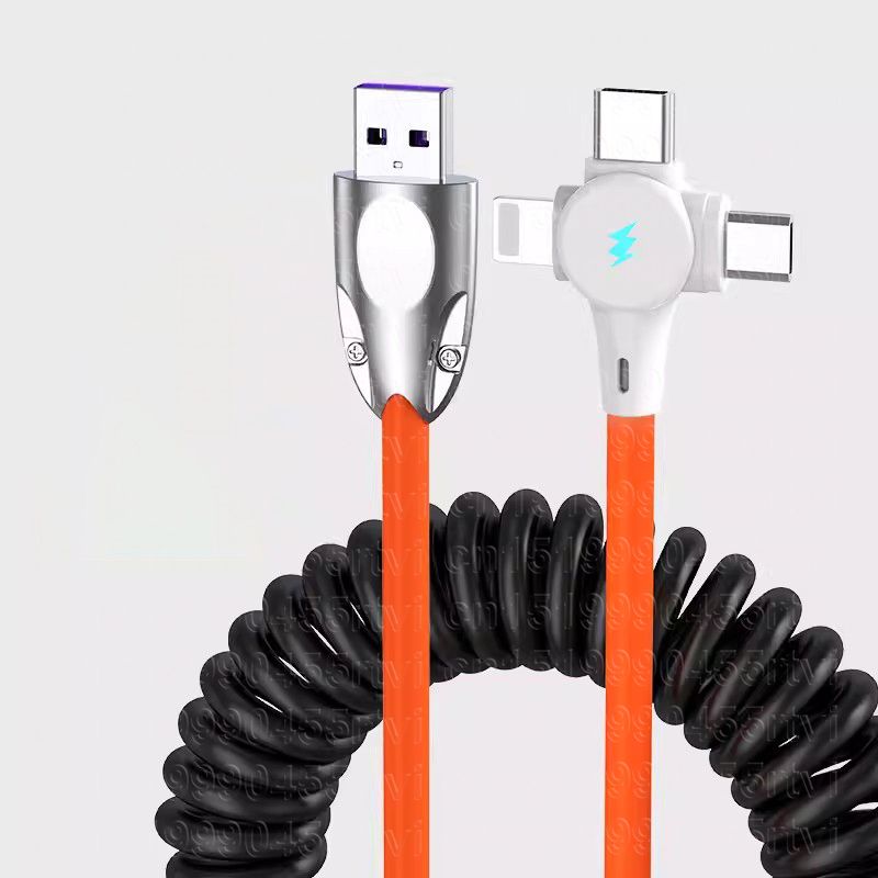 Cabo de carregamento rápido USB 2 em 1, 3 em 1, 6A, com mola, para Huawei Micro USB Tipo C, cabo de carregamento retrátil de 8 pinos para iPhone_voghion.com