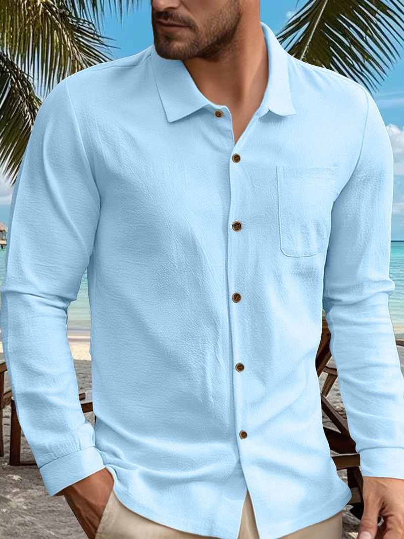 Leinenhemd im Hawaii-Stil für Herren – Atmungsaktives Freizeithemd mit Henley-Kragen und langen Ärmeln für den Sommer, leicht und knitterfrei, schmale Passform_voghion.com