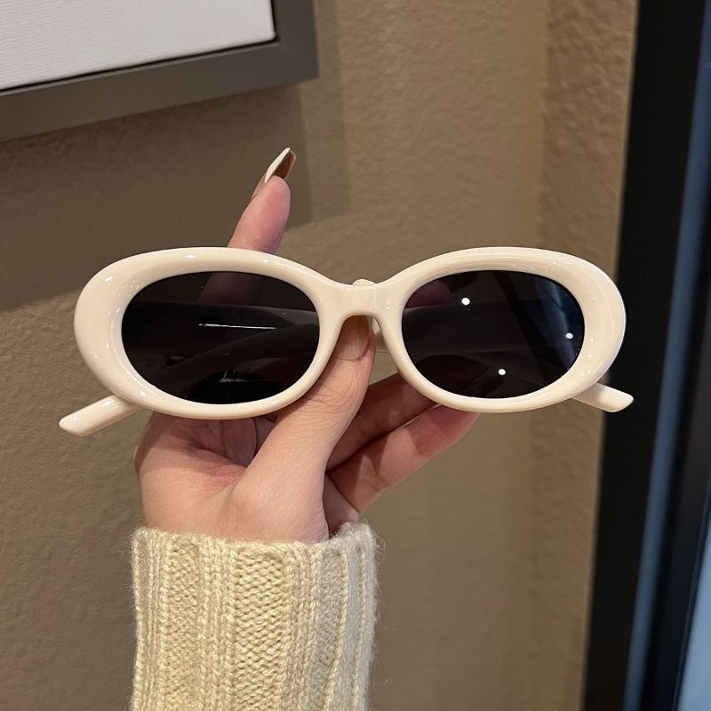 Oval White Frame Concave Sunglasses For Women With Large Faces, Cat Eyes, Sun Protection, Premium_voghion.com