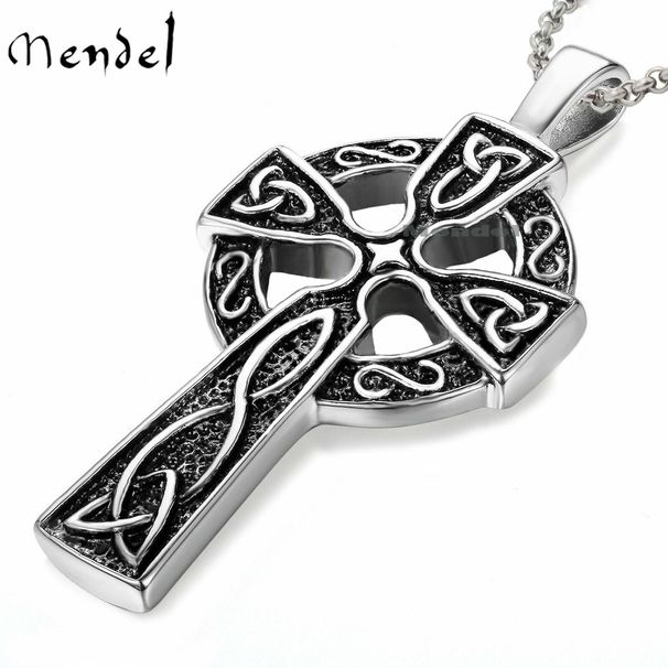 Collana da uomo in acciaio inossidabile con ciondolo a croce con nodo celtico irlandese, argento, regalo per la festa del papà_voghion.com