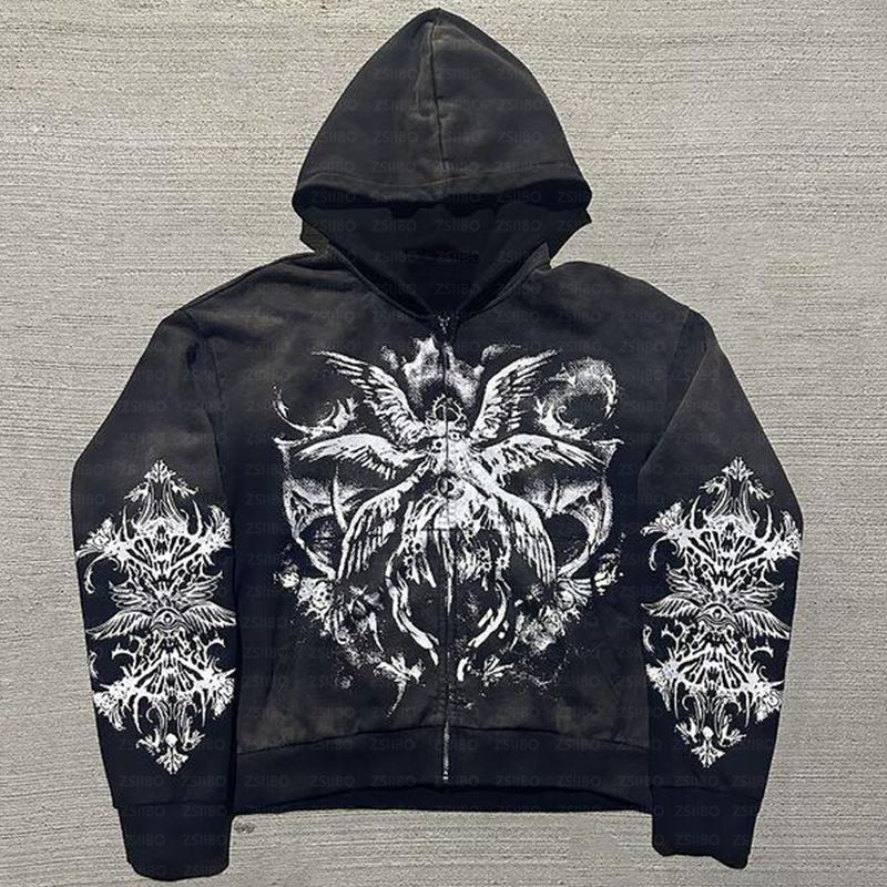 ​​Langärmliger Cardigan-Hoodie mit Gothic-Print für Männer und Frauen – trendige Retro-Unisex-Sweatjacke, dunkle Ästhetik, lockere Passform, weicher Polyesterstoff​​_voghion.com