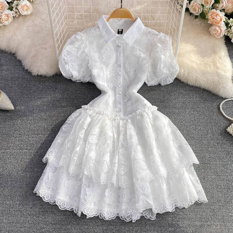Women's Clothing Summer Retro Temperament Elegant Lapel Single Breasted White Lace Embroidery A Line Cake Dress_voghion.com