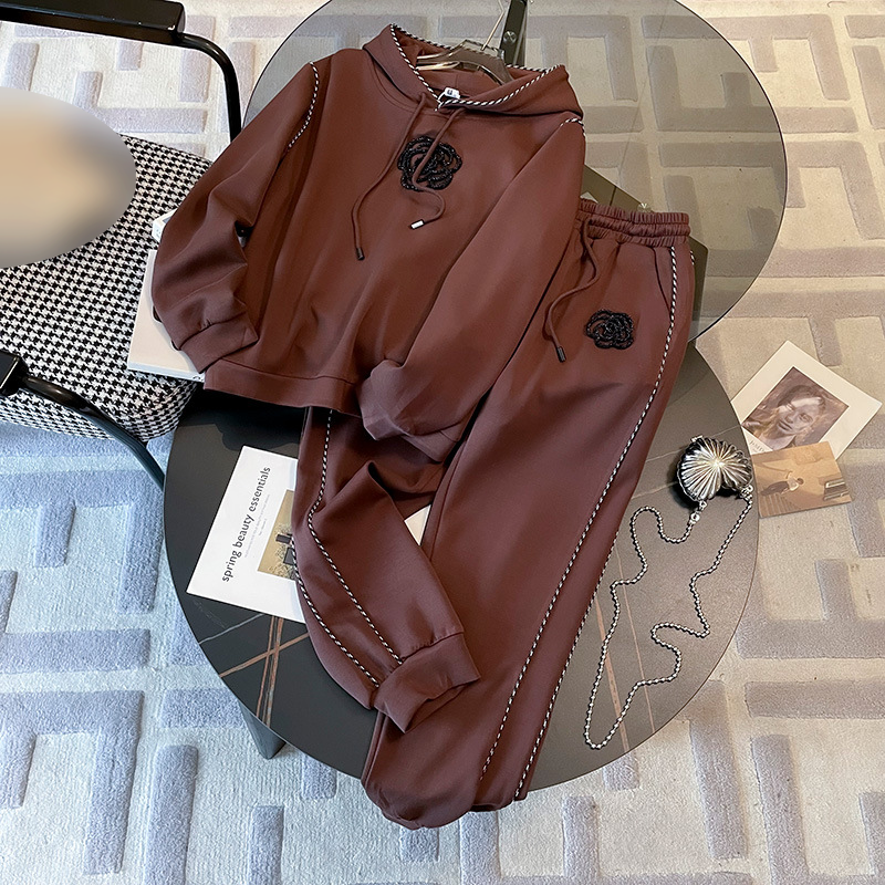 Women's Clothing Autumn And Winter New Fashion Street Style High End Loose Casual Sports Hooded Black Sweater Two Piece Suit For Women_voghion.com