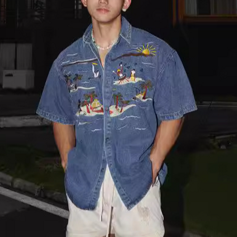 Camisa vaquera bordada de manga corta para hombre, estilo urbano retro americano, estilo de verano, nueva chaqueta._voghion.com