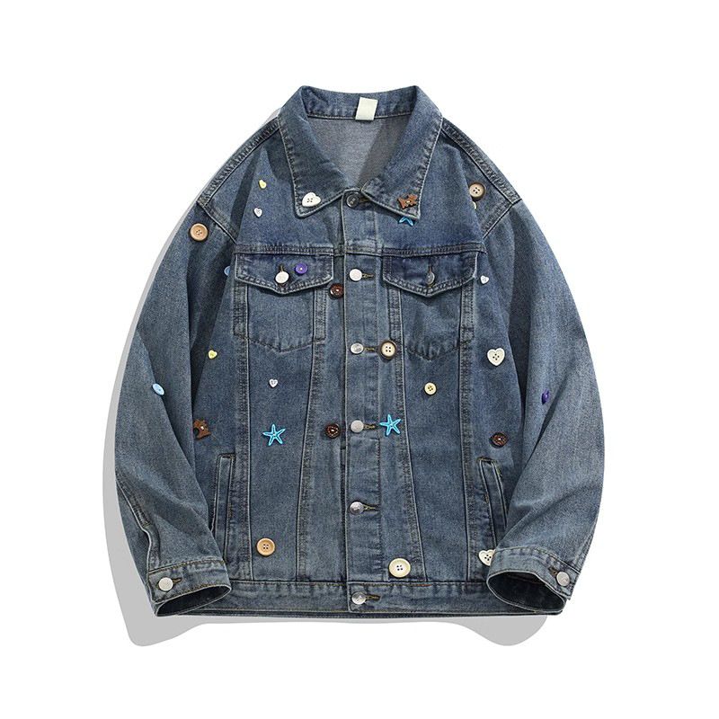 Veste en jean boutonnée anti-dopamine – Manteau unisexe vintage en coton délavé avec col montant (S-XXXL, bleu, coupe slim)_voghion.com