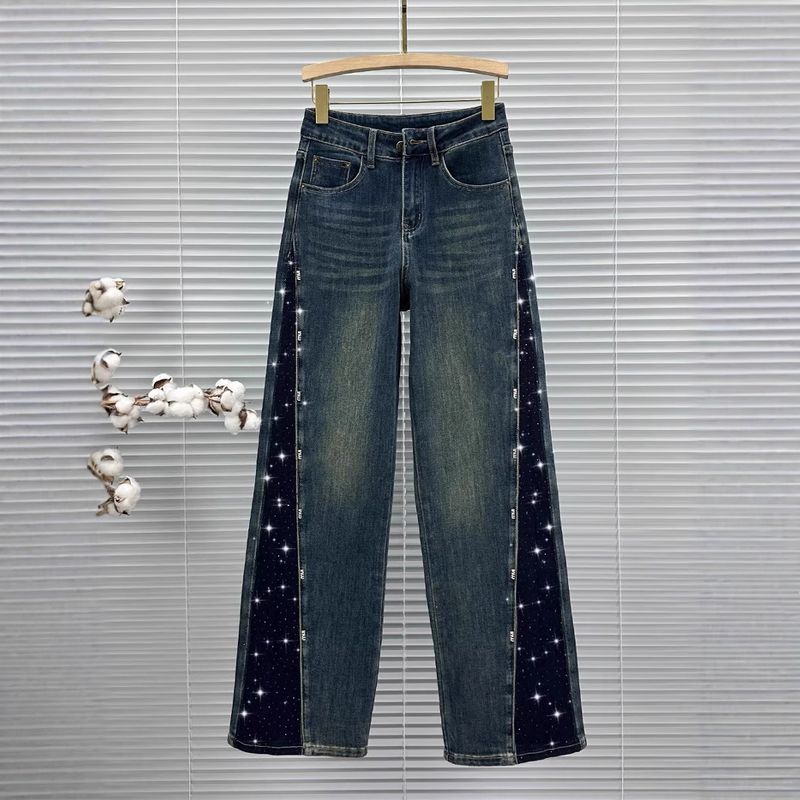 Women's Clothing Autumn Color Contrast Hot Diamond Jeans Mopping Trousers High Waist Loose Versatile Wide Leg Pants_voghion.com