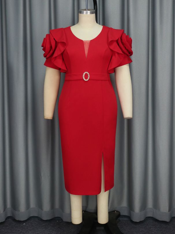 Plus Size Elegant Split Sleeve Party Dress – Belted Wrap Design, Stretchy Polyester, Red (S-1XL, Mid-Length, Flattering A-Line Cut)_voghion.com