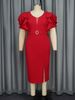 Plus Size Elegant Split Sleeve Party Dress – Belted Wrap Design, Stretchy Polyester, Red (S-1XL, Mid-Length, Flattering A-Line Cut)_voghion.com