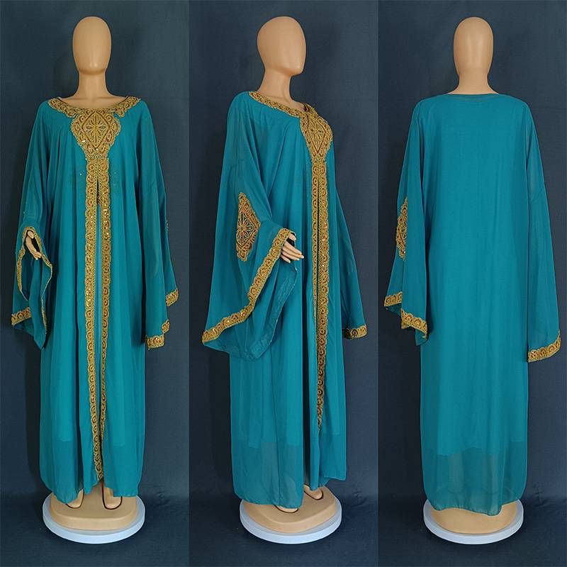 Muslim Jalabiya Malay Trumpet Sleeve Embroidered Robe Embroidered Gold Lace Dress Banquet Dinner_voghion.com
