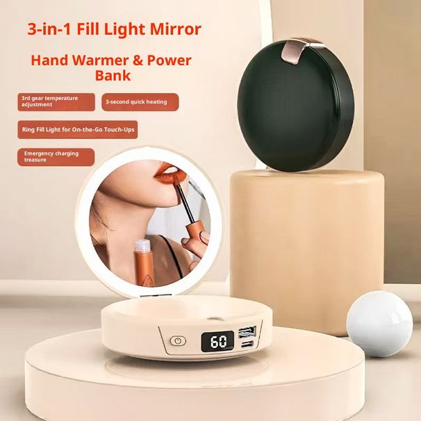 Set regalo 3 in 1 in stile vintage: specchio per il trucco a LED, power bank da 6000 mAh e scaldamani regolabile con ricarica USB - illuminazione bifacciale_voghion.com