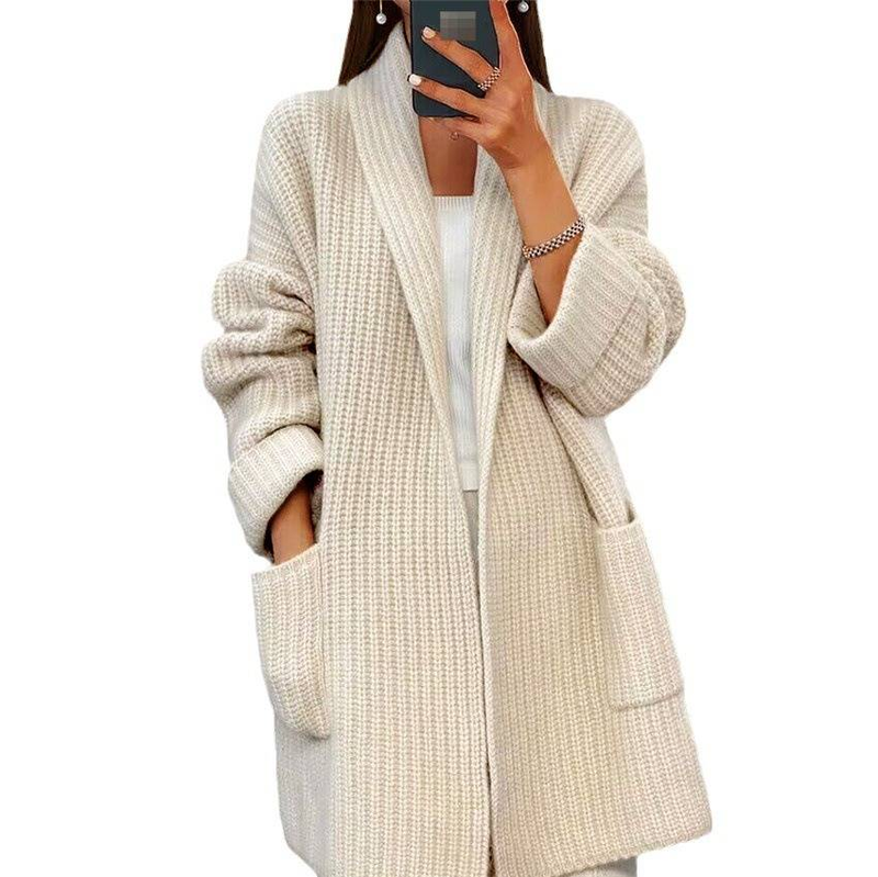 ​​Women’S Oversized V-Neck Cardigan – Thick Knit Open Front Sweater With Pockets (Cream/Camel) – Cozy Winter & Fall Layering Essential​​_voghion.com