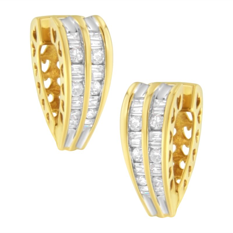 14K Yellow and White Gold 1.0 Cttw Channel Set Round and Baguette Diamond Multi Row Huggy Hoop Earrings (I-J Color, I2-I3 Clarity)_voghion.com
