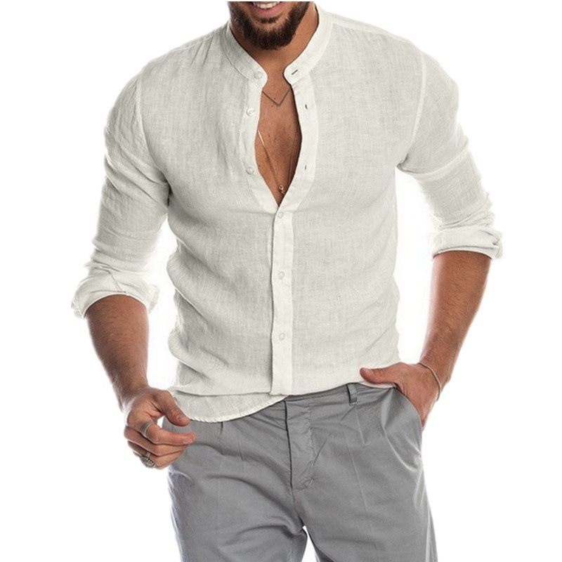 Camicia da uomo a maniche lunghe in cotone e lino tinta unita primavera e autunno colletto rialzato nuovo cardigan_voghion.com