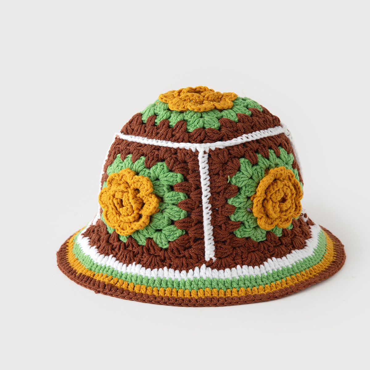 Cappello da pescatore lavorato a maglia con abbinamento di colori bohémien per autunno e inverno, cappello da vaso con fiori Zuma lavorato all'uncinetto a mano e fiori tridimensionali_voghion.com