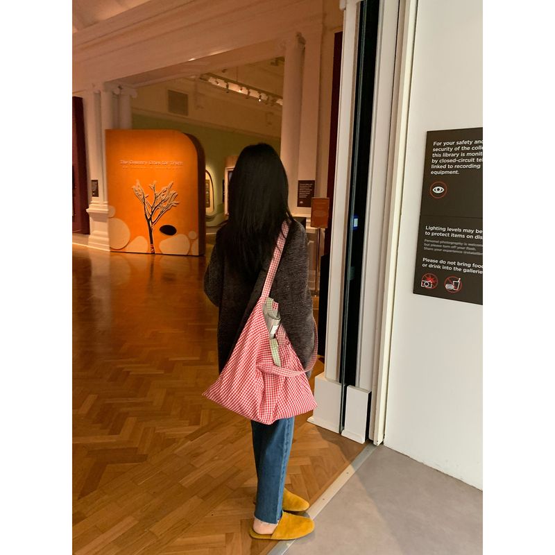 Oversized Checkered Canvas Shoulder Bag Slouchy Versatile_voghion.com