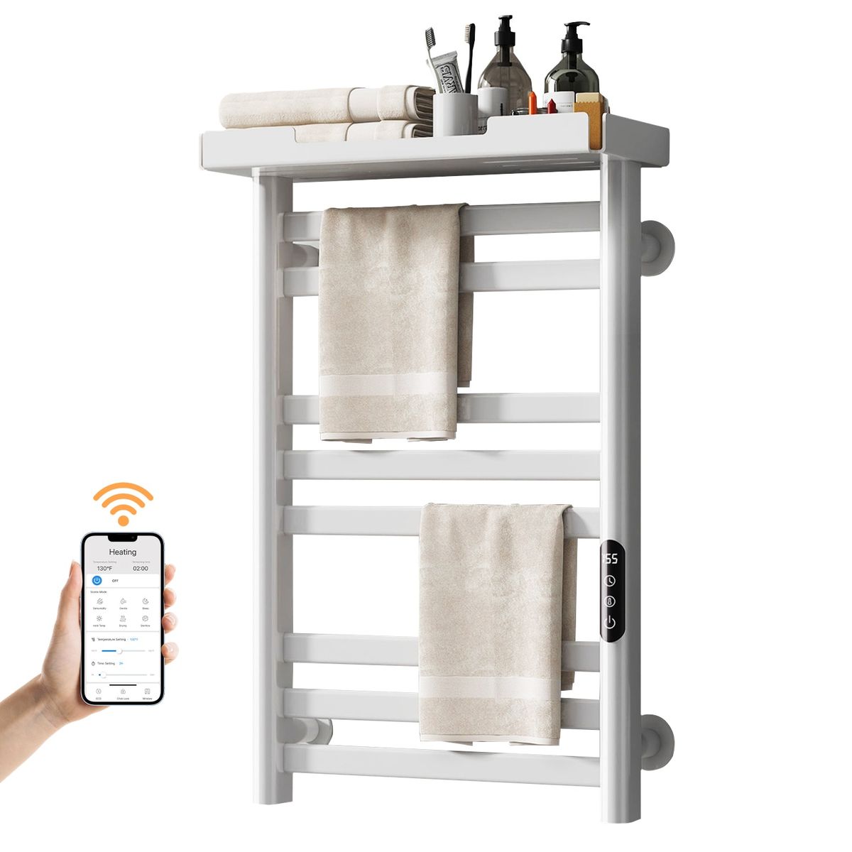 SIOYIE Heated Towel Rack With Shelf And Wi-Fi App Control, 8 Bars Electric Wall Mounted Towel Warmer With Timer & Adjustable Temperature, Low Carbon Steel, Plug-in/Hardwired, White_voghion.com