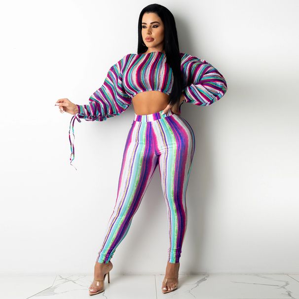 Women's Striped Print Drawstring Sexy Crop Top Long Sleeve Two-Piece Set_voghion.com