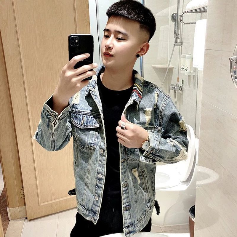 Cappotto autunnale da uomo Tide Ins Super Fire Internet Celebrity versione coreana Giacca di jeans ricamata versatile Spirit Guy Top strappato_voghion.com