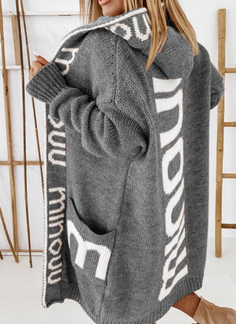 Damen-Cardigan, lockerer Strickpullover mit Kapuze und Buchstaben_voghion.com