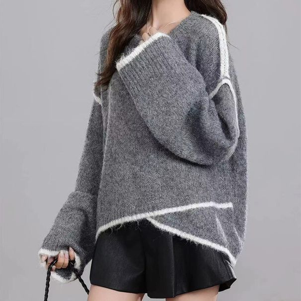 Design Women's Sweater Pullover Round Neck Irregular Contrasting Striped Knitted Sweater_voghion.com