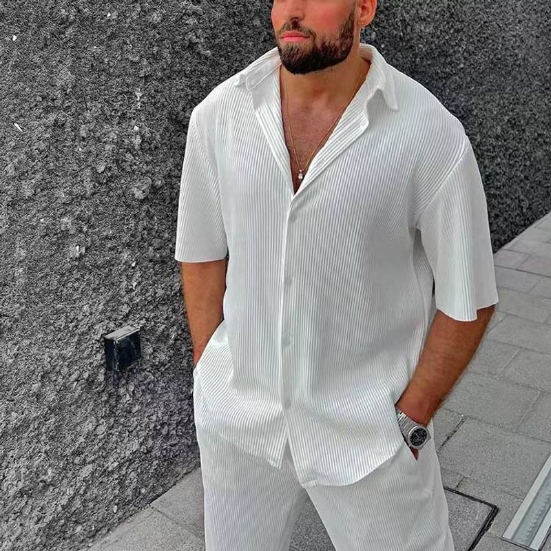 Men's Clothing casual loose beach wear solid color striped short-sleeved suit men's shirt two_voghion.com