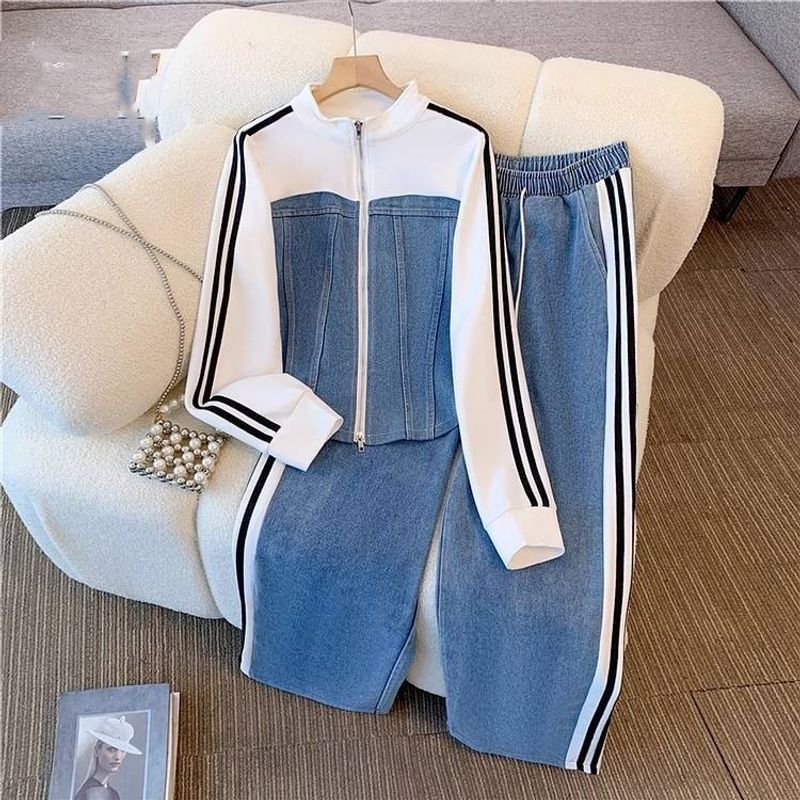 Women's Clothing Fashion Zipper Two Piece Long Sleeved Suit For Girls Spring And Autumn New Denim Splicing Tops Wide Leg Trousers_voghion.com