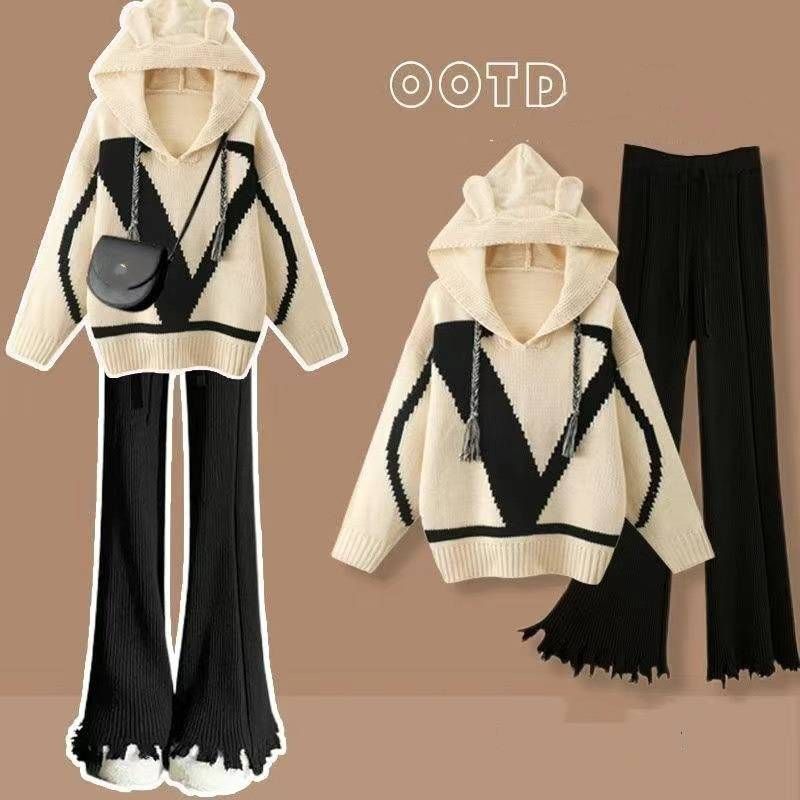 Dameskleding Leeftijdsverminderende Trui Taille Afslankende Wijde Pijpen Broek Tweedelige Set_voghion.com