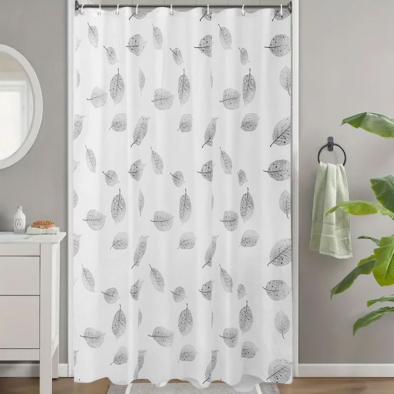 Black And White Leaf Print Waterproof Mildewproof PEVA Shower Instant Delivery Bathroom Curtain With Hooks_voghion.com