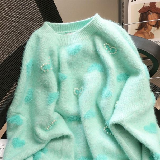 Maglione oversize con scollo rotondo e perline a forma di cuore da donna, con design unico, tendenze della moda_voghion.com