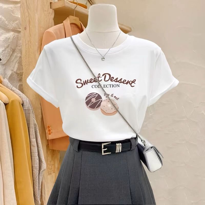 Women's Clothing Pure cotton straight shoulder short-sleeved T-shirt ladies 2024 summer new loose large size casual fashion white printed top_voghion.com