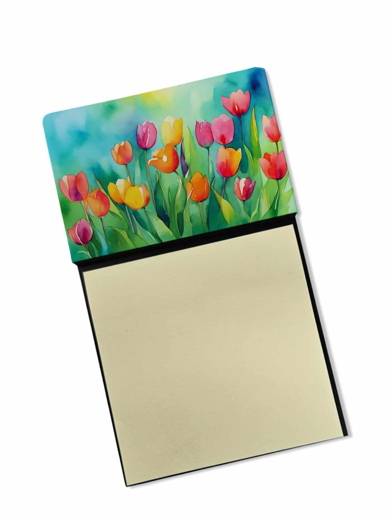 NEW Tulips in Watercolor Sticky Note Holder Refillable Dispenser Self-Sticky Note Pads, Memo Pads Blank Desk Accessories_voghion.com
