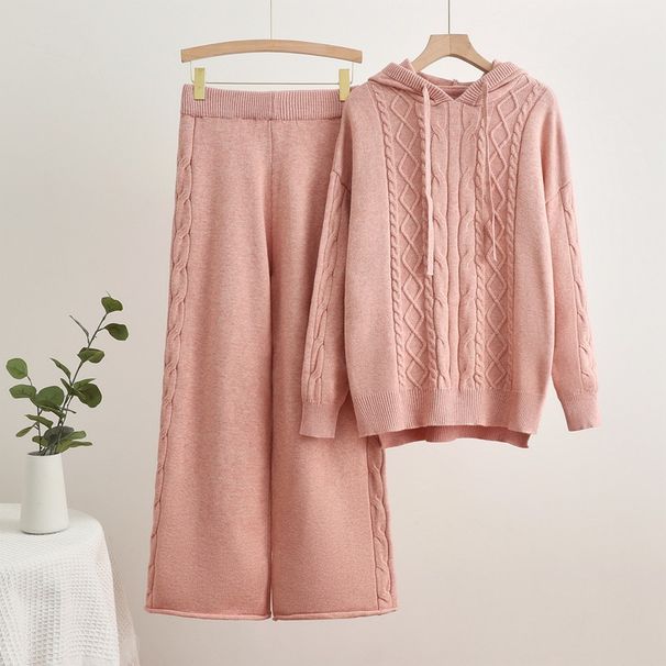 Women's Clothing autumn and winter new knitted hooded drawstring threaded sweatshirt wide leg pants two piece suit fashionable temperament casual suit_voghion.com
