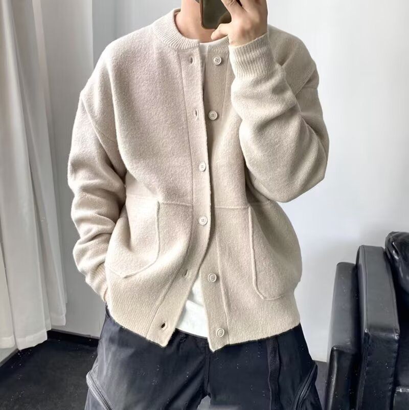 Wool cardigan men's autumn and winter knitted sweater round neck jacket simple loose thick sweater jacket_voghion.com