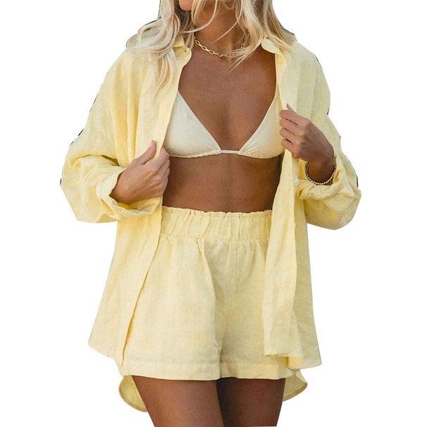 Koszula z długim rękawem i spodenki 3/4 w komplecie 2025 Letni kardigan Dwuczęściowy strój damski_voghion.com